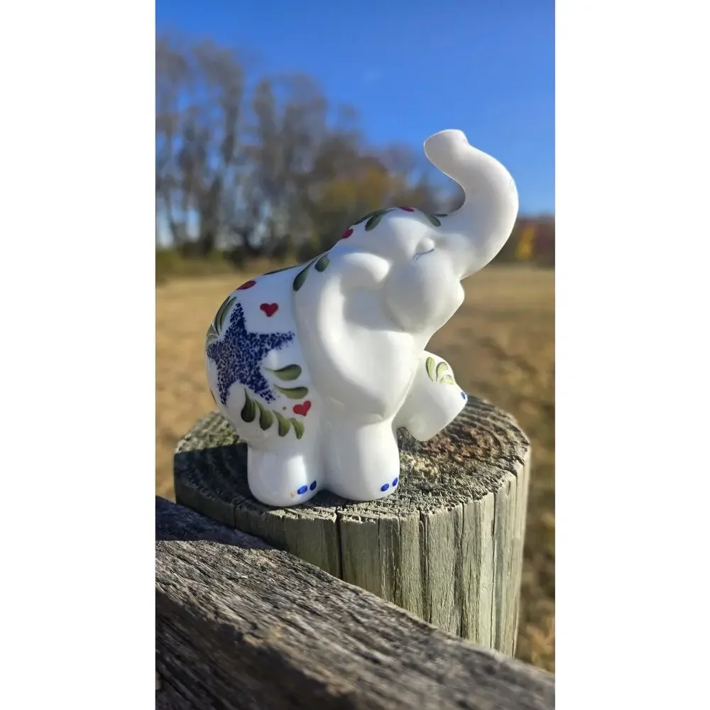 Fenton Glass Hand Painted Elephant Figure K Brightbill Hearts Flowers Blue White